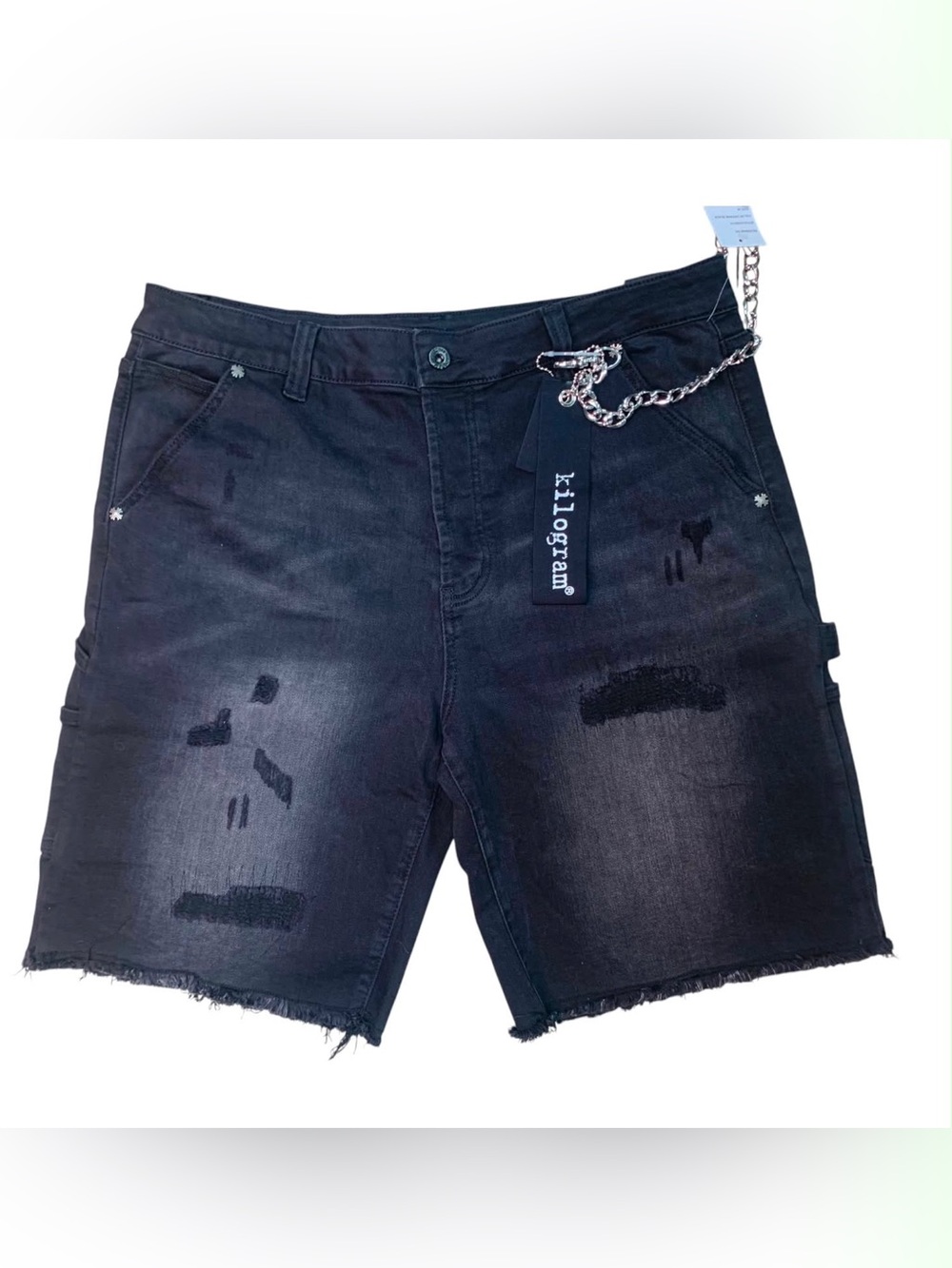 Sz 34 Distressed Black Men's Denim Shorts with Chain